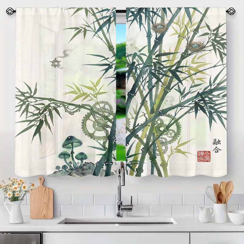 Home Office Japandi - Decoratieve bamboe patroon gordijnpanelen semi-transparante raamgordijnen