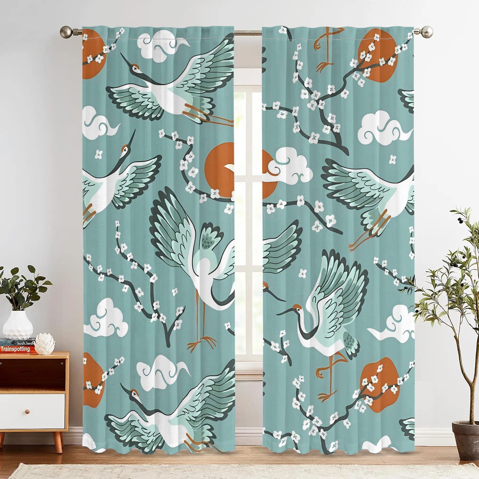 Home Office Japandi - Elegante blauwgroene aquarel vogelkraanbloesem gordijnpanelen Japandi-stijl