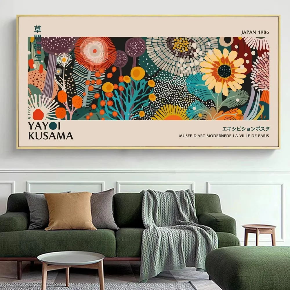 Home Office Japandi - Yayoi Kusama tentoonstelling print, abstracte bloemen