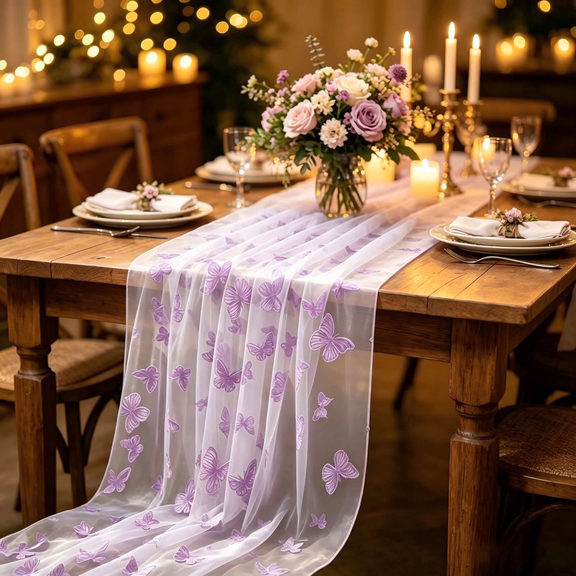 Home Office News - Nylon tule tafelloper met vlinderprint, bedrukt