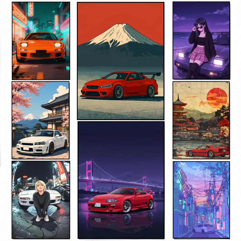 Home Office Japandi - Japandi-stijl sportwagen, stadslandschap, schilderij, kalligrafie, canvasposter,